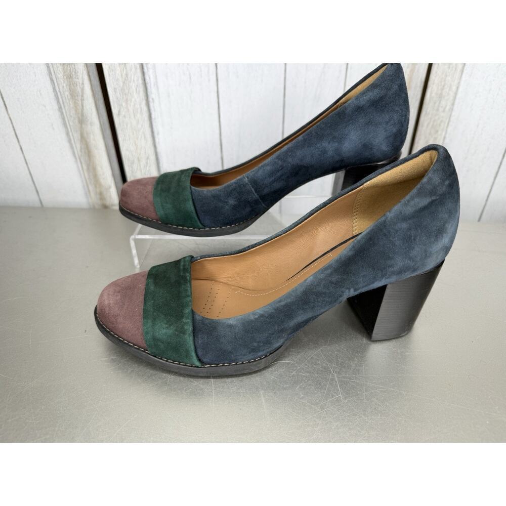 Clarks Artisan Tarah Brae Suede Pumps Size 6.5 Multicolor Block Heel Green Blue